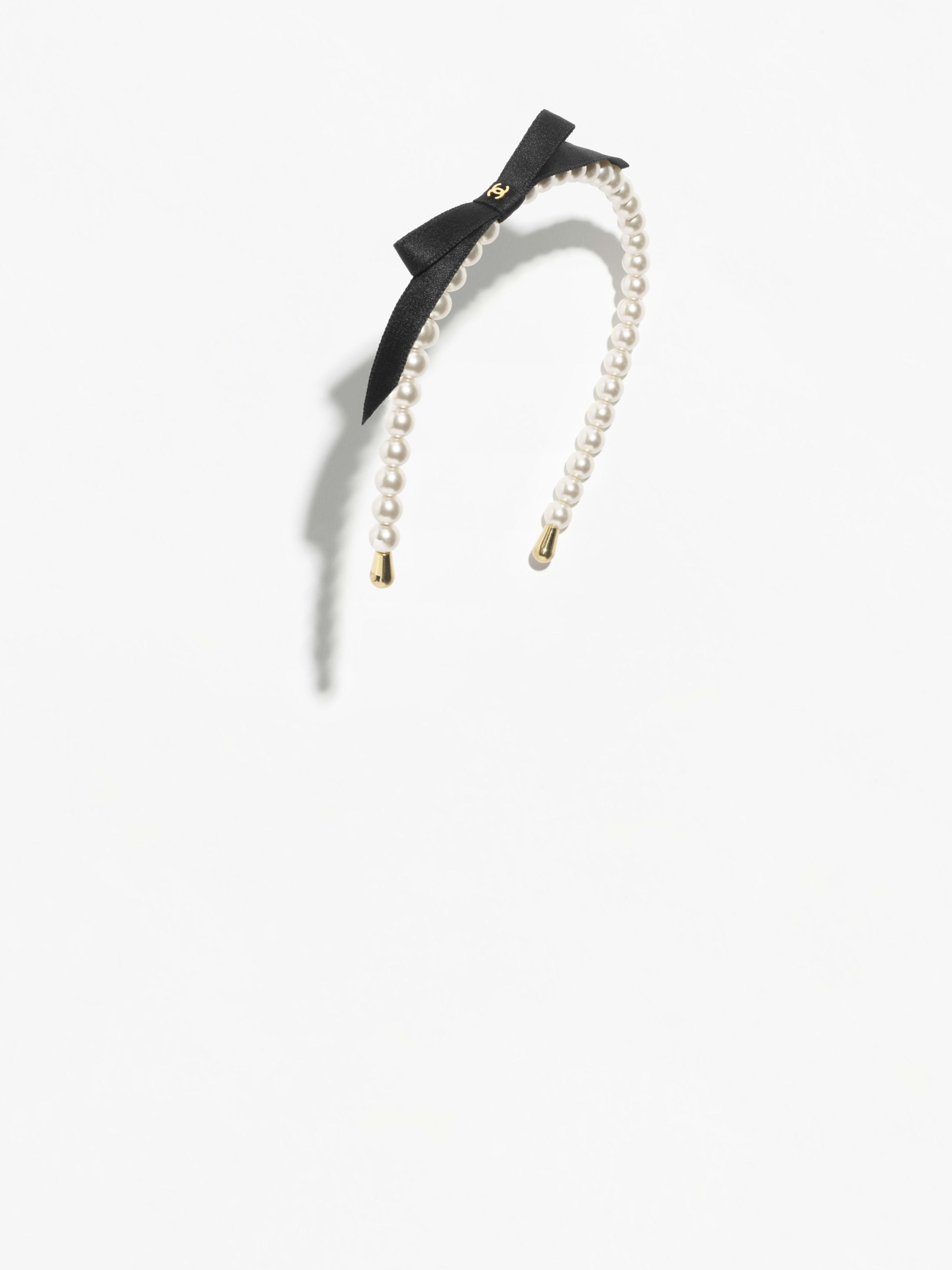 Headband - Pearly White, Gold & Black - Imitation Pearls, Metal & Satin -